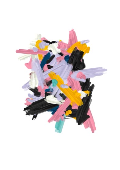 Abstract digital painting: tangled pink, black, lilac and yellow brush-strokes on white