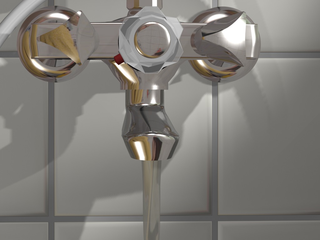 Rendered chrome thermostatic mixer valve with water running, tiled wall behind