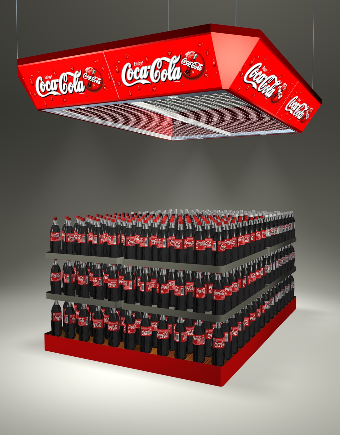 Rendered retail display unit hung with Coca-Cola branding