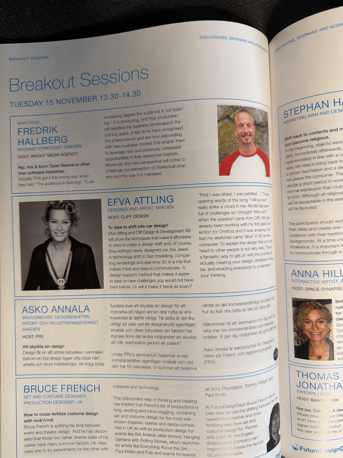 Programme page listing Efva Attling's breakout session hosted by Cliff Design