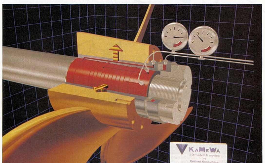 Rendered cutaway of a ship propeller shaft coupling with gauges