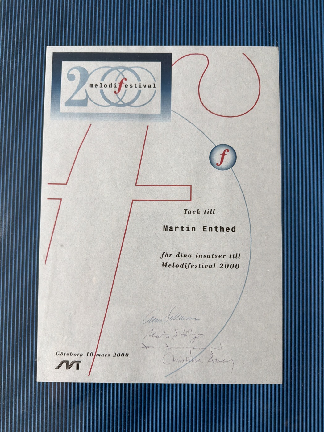 Thank-you card from SVT for Melodifestival 2000, addressed to Martin Enthed and signed by the production team