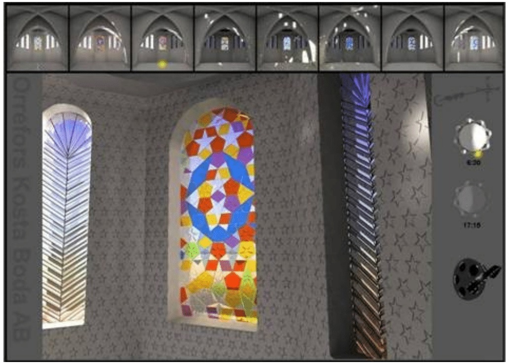 Sun study application showing window designs and time-of-day controls