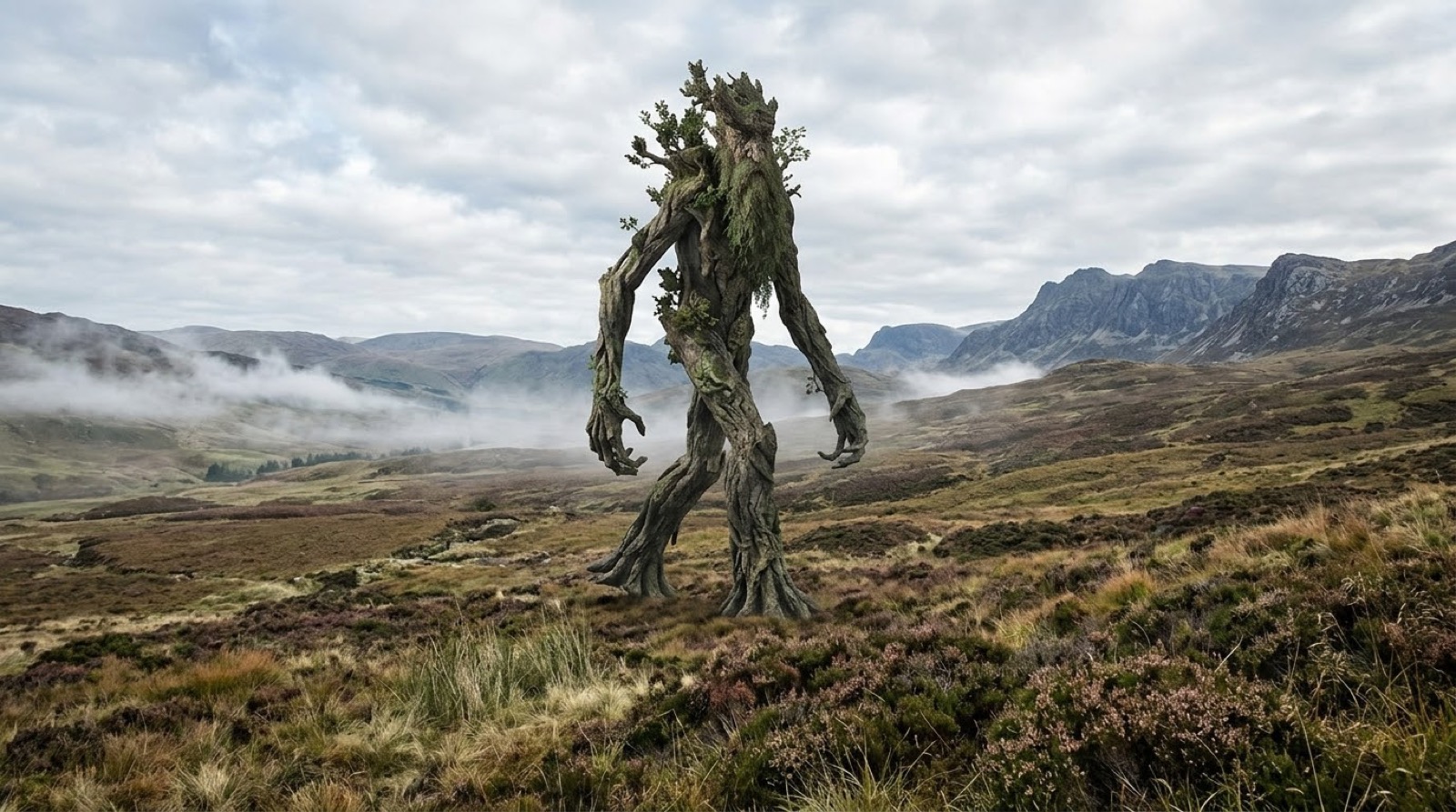 An Ent — a walking tree with long arms and a mossy trunk — standing alone on an open moor, mist lying in the valley behind it and mountains beyond