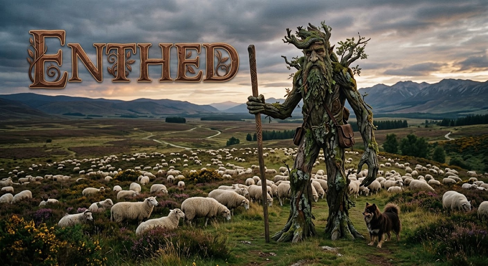 An Ent with a long beard of leaves and lichen, holding a carved staff and carrying leather satchels, standing among a large flock of sheep on a moor with a dog beside it. The word ENTHED is lettered at the upper left